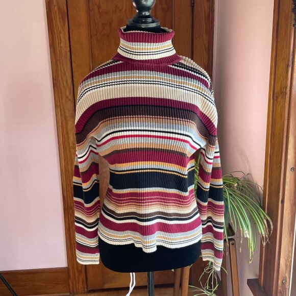 Vintage Y2K striped ribbed turtleneck sweater L retro preppy academia old money - Picture 1 of 7